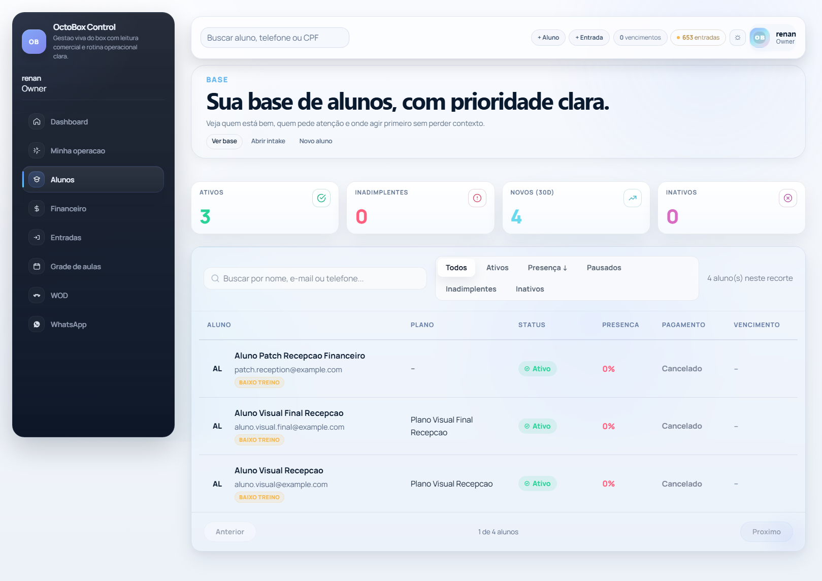 Tela real da base de alunos do app OctoBox